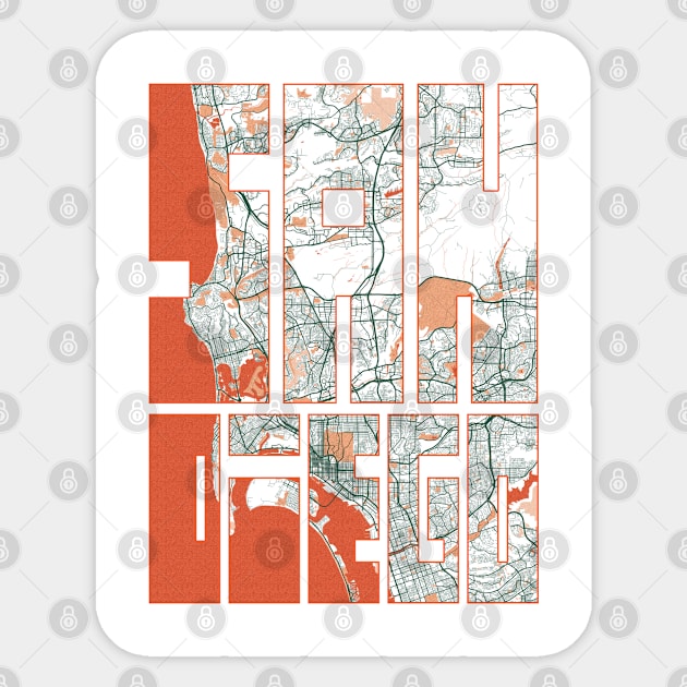 San Diego, California, USA City Map Typography - Bohemian Sticker by deMAP Studio